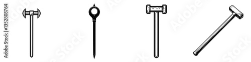 Different types of tools used in construction and carpentry including a caliper, marking gauge, and mallet