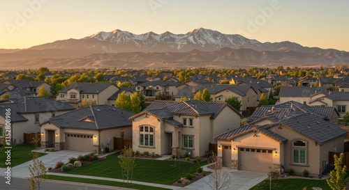 Denver Suburban Homes and Rocky Mountain Vista - Modern stucco homes, tile roofs, manicured lawns, mountain backdrop, Colorado living. Represents peace, prosperity, community, nature