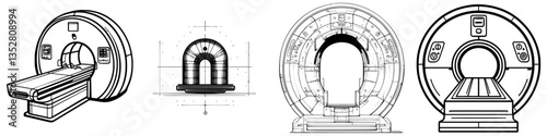 Detailed designs of magnetic resonance imaging machine from various angles showing structure and components