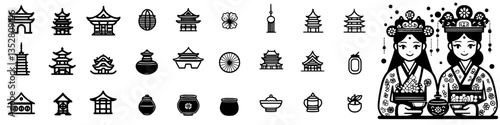 Traditional Asian symbols and cultural motifs featuring women in traditional clothing celebrating heritage