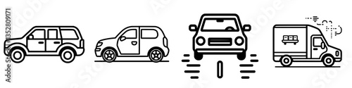 Various types of vehicles illustrated in simple line art style showcasing transportation diversity
