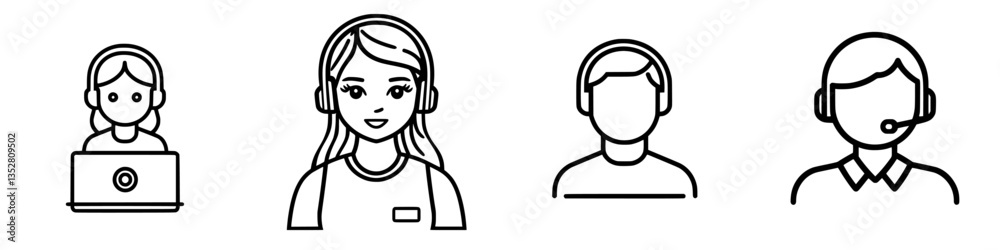 Icons representing customer support and assistance in various styles with headset and laptop arrangements for business environments Icons representing customer support and assistance in various styles with headset and laptop arrangements for business environments