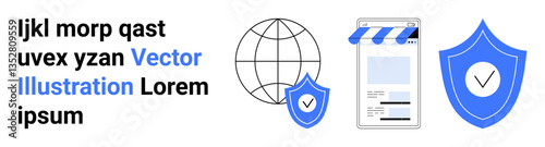 Globe, mobile storefront, and shields highlighting web security, e-commerce safety, and online privacy. Ideal for technology, cybersecurity, payment safety, networking global presence e-commerce