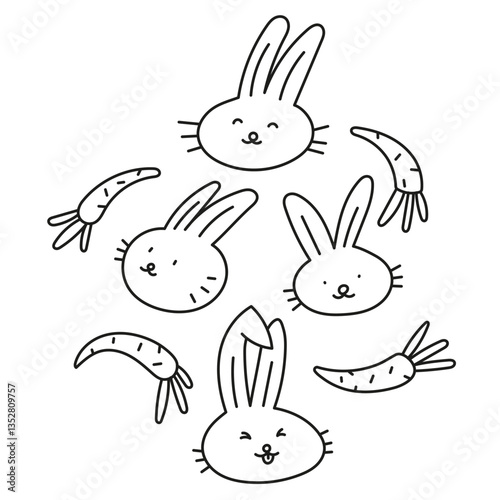 Linear doodle set of rabbits, hares and carrots, coloring on a white background