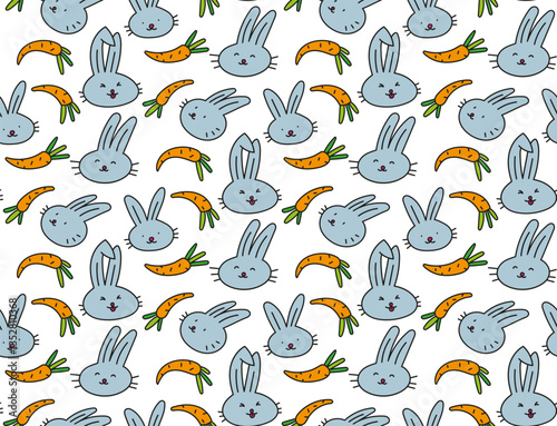 Colorful doodle pattern of rabbits, hares and carrots on white background