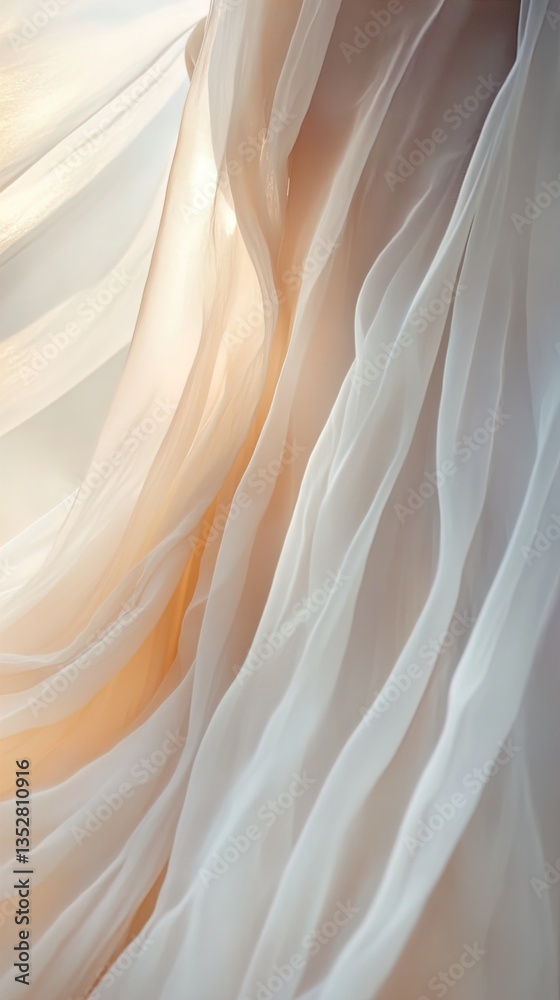 Softly draped layers of translucent fabric, featuring a blend of warm beige and cool white hues, create an ethereal and gentle flow. The play of light, highlighted by subtle shadows, accentuates the d