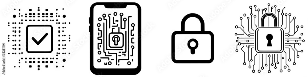 Design elements depicting security concepts with digital locks and encrypted data representations on smartphone Design elements depicting security concepts with digital locks and encrypted data representations on smartphone