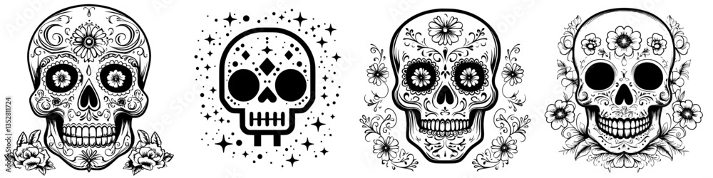 Fototapeta premium Different styles of decorative skulls illustrating the art of sugar skulls commonly seen during the Day of the Dead celebration