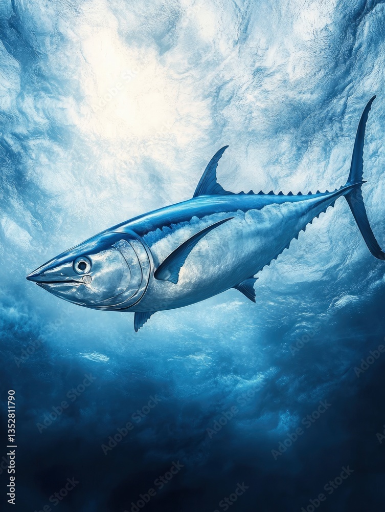 Fototapeta premium Swimming Tuna Fish Glimmering Underwater with Sunlight and Rippling Water Surface