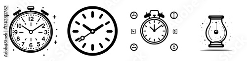 Collection of various clock designs showcasing timepieces in different styles and formats