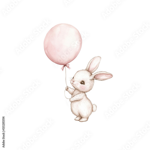 A soft watercolor depiction of a baby bunny happily holding a pink balloon, radiating charm and sweetness with a transparent backdrop.