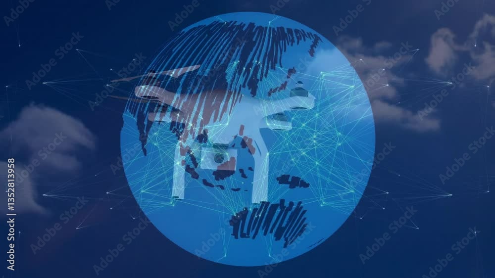 Drone flying over blue globe with network connections and clouds animation