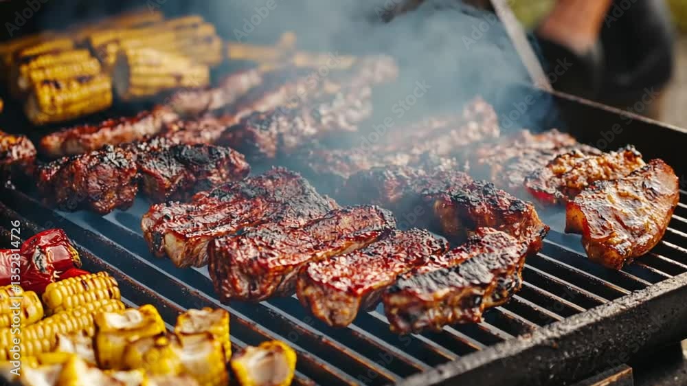 Grilled ribs and corn on an outdoor barbecue