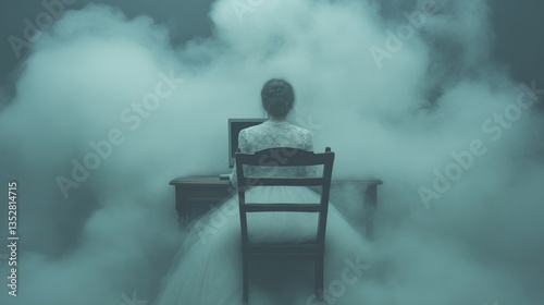 Wallpaper Mural A woman in a white dress sits at a computer desk, enveloped by fog Torontodigital.ca