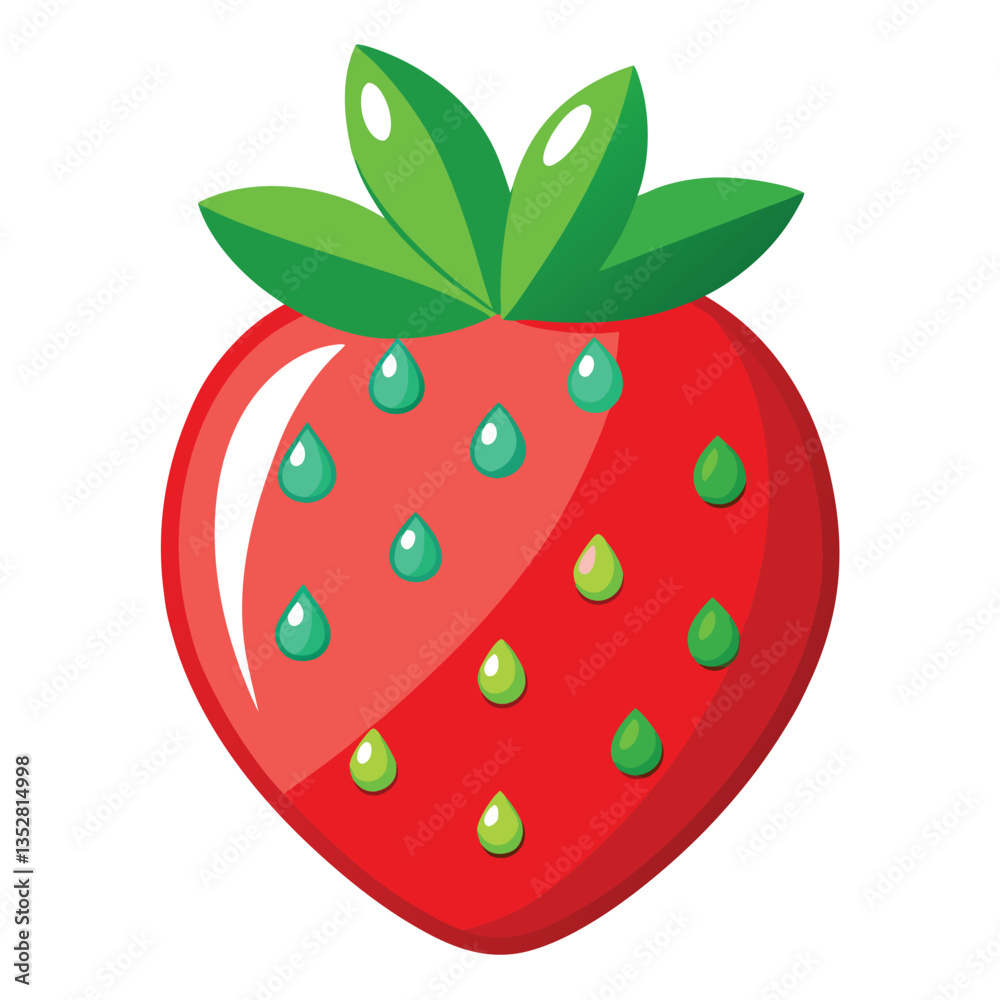 Obraz premium Cartoon Strawberry with Leaves and Drops | Isolated Red Berry on White