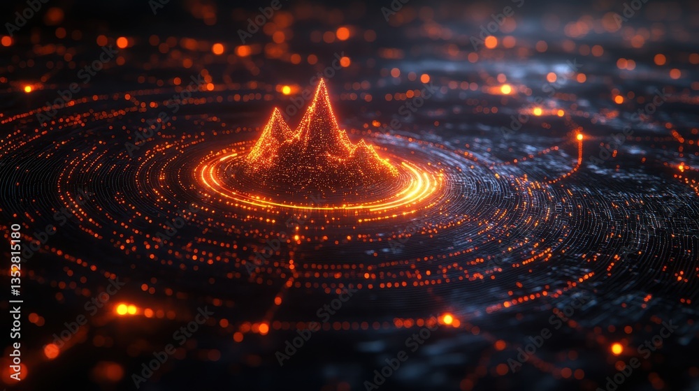 Glowing mountain peak in data stream; digital landscape, technology background Glowing mountain peak in data stream; digital landscape, technology background