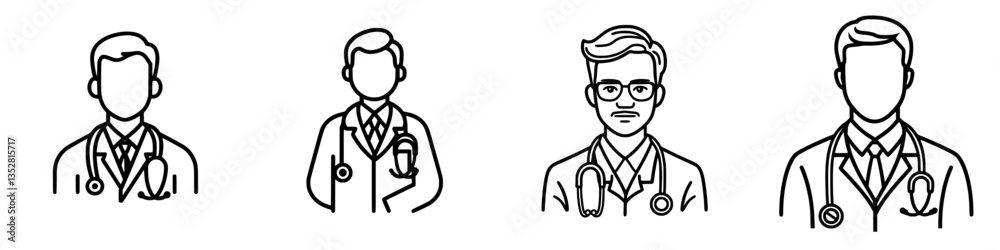 Diverse group of healthcare professionals illustrated in a minimalist style in various medical attires during a clinical setting Diverse group of healthcare professionals illustrated in a minimalist style in various medical attires during a clinical setting