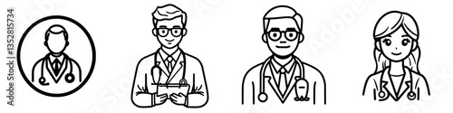 Medical professionals in illustrations showcasing diverse healthcare roles and responsibilities in a simplistic style