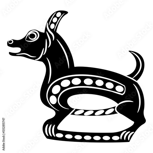 Stylized dog. Permian animal style. Ethnic design from ancient Siberia. Black and white silhouette