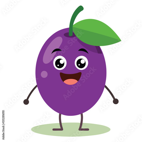 Cheerful Plum Cartoon Character with Big Eyes, Smiling Mouth, and Green Leafy Top