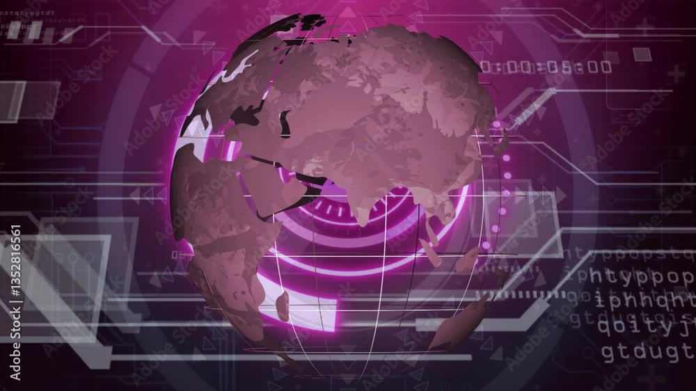 Rotating digital globe with pink and purple data processing animation Rotating digital globe with pink and purple data processing animation