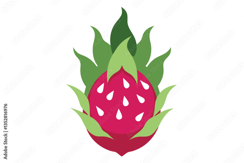 Fototapeta premium Flat Design of a Bright Pink Dragon Fruit with Green Leaves on a White Background