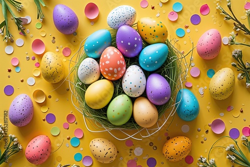 Easter Card with Vibrant Egg Confetti on a Sunny Yellow Background for Spring Celebrations