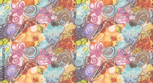 A playful hand-drawn doodle pattern with random shapes.