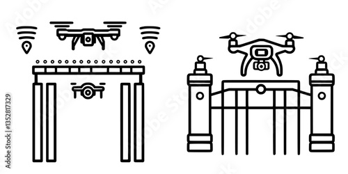 Drone technology showcases two distinct models near an entrance gate with location markers and signal waves