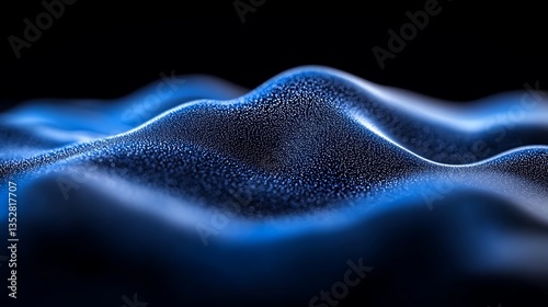 A visually striking abstract landscape of undulating blue particles