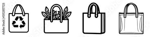 Various designs of reusable bags featuring eco-friendly themes and simple illustrations suitable for shopping or everyday use