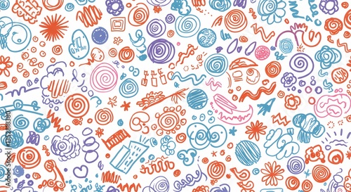 A playful hand-drawn doodle pattern with random shapes.