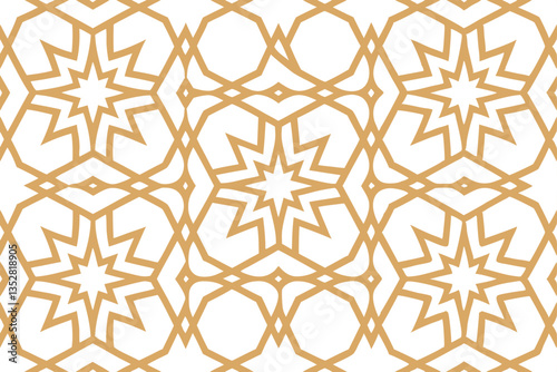 Golden Geometric Pattern, Star Shapes, White Background, Seamless Ornament, Tileable