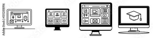 Illustration of four computer screens showcasing different website layouts and digital interfaces in a modern design style