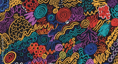 A playful hand-drawn doodle pattern with random shapes.