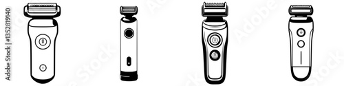 Various electric shavers displayed side by side in a clean, minimalistic layout illustrating modern grooming tools