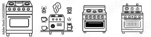 Modern kitchen appliances in black and white illustrations showcase various stove designs and their features
