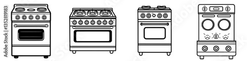 Variety of modern kitchen stoves displayed in a row with different designs and features for cooking enthusiasts