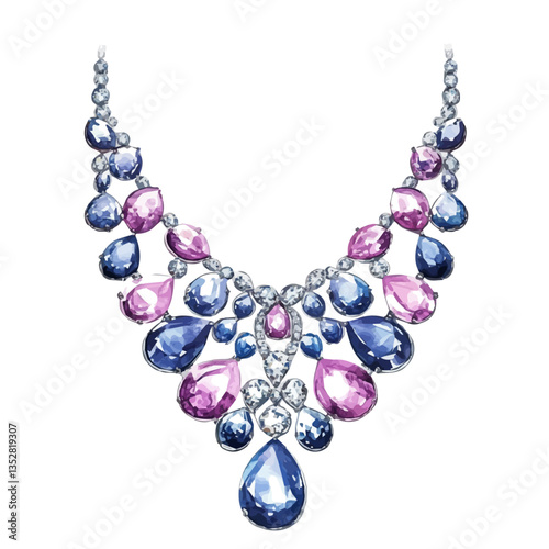 A watercolor vector painting of a contemporary diamond necklace, isolated on a white background. Contemporary diamond necklace vector.

