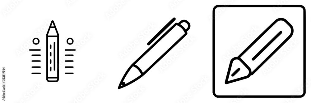 Illustrations of different writing instruments with a focus on design and simplicity in black and white Illustrations of different writing instruments with a focus on design and simplicity in black and white