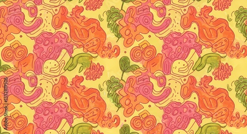 A playful hand-drawn doodle pattern with random shapes.