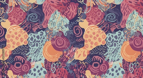A playful hand-drawn doodle pattern with random shapes.