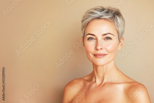 Adult elderly and beautiful woman 50 years old. Smiling charming mature woman , touches her cheek. Beauty and care cosmetology for mature facial skin. Makeup and cosmetology. adult skin, older lady