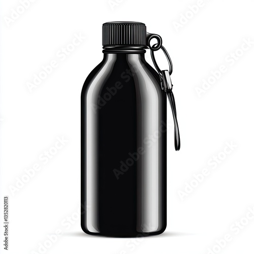 Black metal water bottle with attached carabiner photo