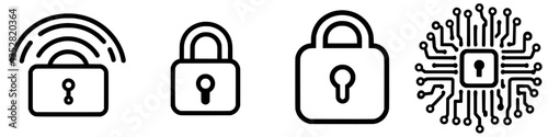 Various representations of cybersecurity concepts including locks and digital patterns showcasing data protection techniques