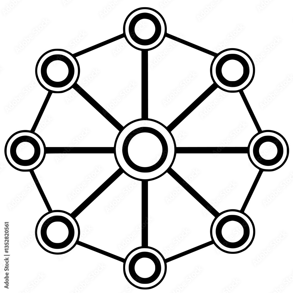 Network diagram illustrating connections among multiple nodes across a central hub for data visualization and analysis Network diagram illustrating connections among multiple nodes across a central hub for data visualization and analysis