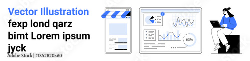 Online shop, analytical charts, and a person with a laptop highlighting e-commerce, data tracking, and remote work. Ideal for online store, analytics dashboard, marketing, remote work business