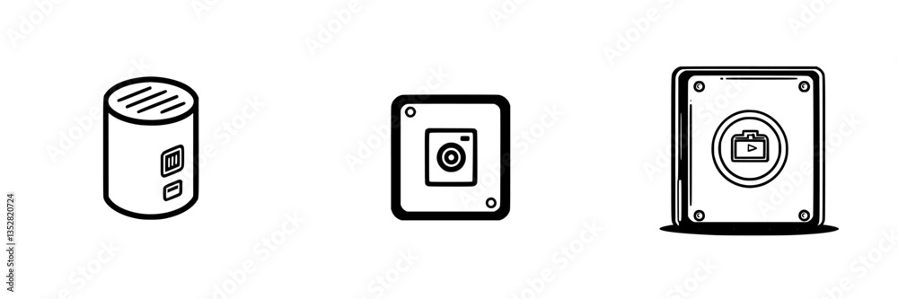 Collection of three simple line drawings representing various electronic devices in a minimalist style Collection of three simple line drawings representing various electronic devices in a minimalist style