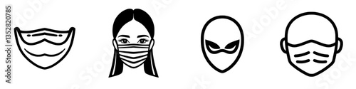Different types of masks being worn by various characters including a woman, an alien, and others in a minimalist style