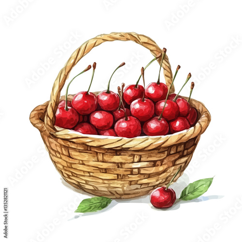 Cornelian Cherry Basket, watercolor vector, isolated on a white background.